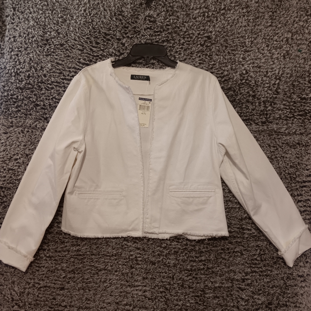 Lauren Ralph Lauren White Collarless Cropped Jean Jacket